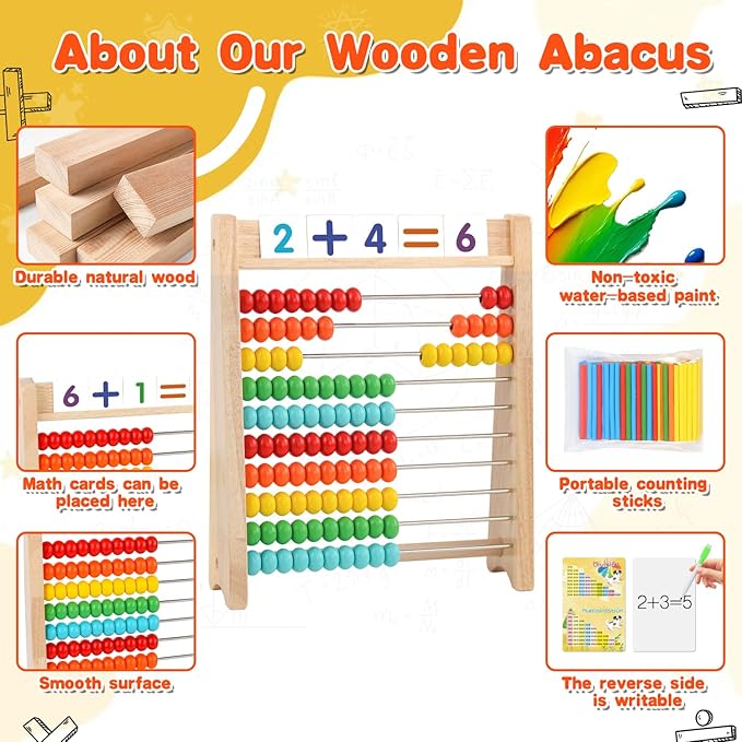 Wooden Abacus for Kids Math Games for Kids 5-7 Abacus Counters Homeschool Counting Toys for 3-5 6-8 Boys Girls Gifts Math Manipulatives Educational Learning Toys for 4 Year Old with Number Cards 1-100