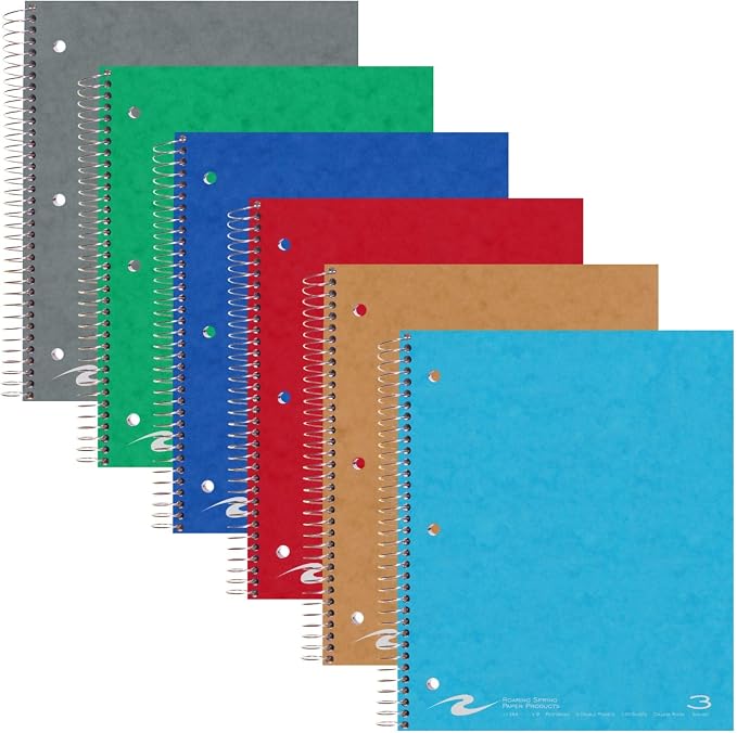 ROARING SPRING 3 Subject Spiral Notebook, 24 Pack, 11" x 9", College Ruled, 120 Perforated Sheets, Assorted Eco Press Covers, 3 Double Storage Pockets, Made in USA