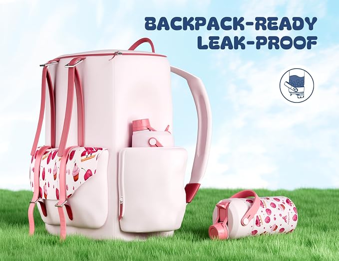 12 oz Insulated Water Bottle for Kids: 2-in-1 Straw Spout Lid, Spill-proof, BPA-Free, Easy Clean, Keep Cold 24H, Cute Patterns, Stainless Steel Cup for School, Travel, Holiday Gift (Cherry Yum Yum)