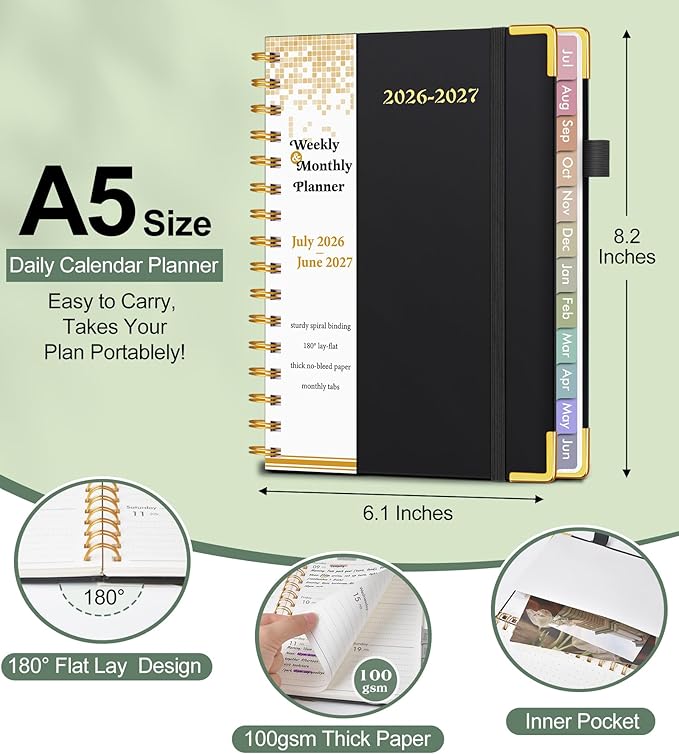 Academic Planner 2026-2027, Hardcover Weekly and Monthly Calendar Planner from July 2026 - June 2027, Daily Agenda Planners with Tabs, College School Organizer for Student Teacher, A4 (8.5" x 11"), Black
