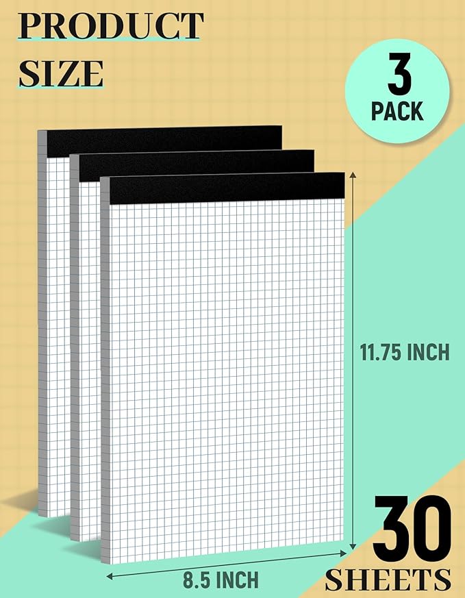 Graph Paper Pads 8.5 x 11, 4x4 Quad Ruled, 3 Pack Grid Paper Pad 8.5 x 11, 30 Sheets Perforated Blueprint Quadrille Letter Size Graphing Notebook for Drafting, Drawing, Engineering