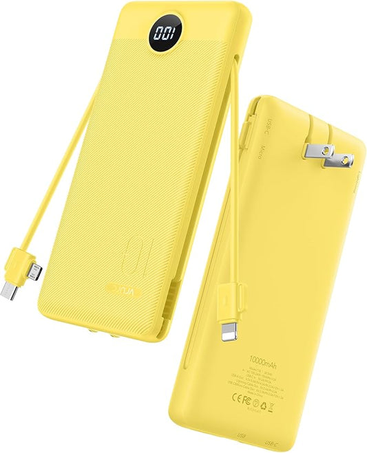 VRURC Portable Charger Power Bank - 10000mAh Fast Charging 22.5W PD 20W Slim Portable Charger Built in Cables Power Bank with Cords,USB C Portable Phone Charger Travel Accessories -Yellow
