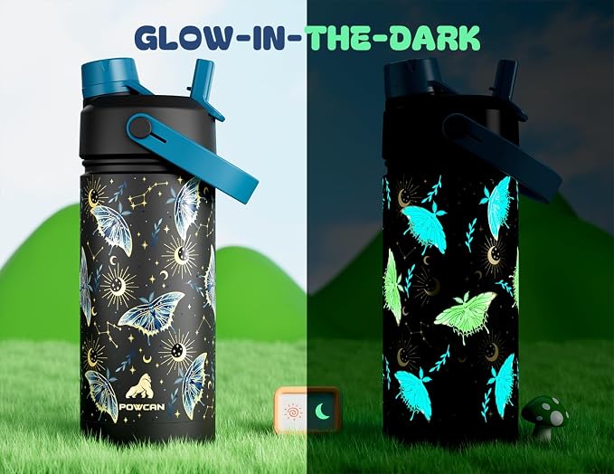 18 oz Kids Insulated Water Bottle: Glow-in-the-Dark, 2-in-1 Straw Spout Lid, Leakproof, BPA-Free, Keep Cold 24H, Stainless Steel Cup for School, Party, Travel, Holiday, Gift (Gilded Flutter)