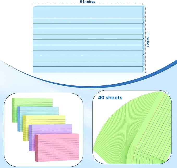 250 Count Index Cards 3x5 Inch 180gsm Heavy Weight Colored Flash Card (50 Sheets Each), Note Taking for Students, Teachers, Professionals, Study Note Cards for Office Home School