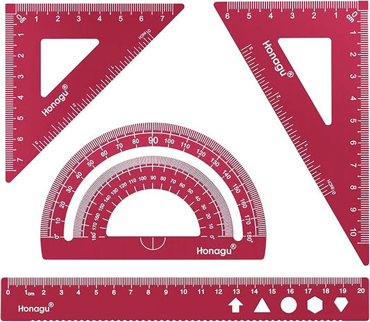 Honagu Triangular Ruler Set, 4 Pieces Aluminum Alloy Ruler, Metal Drafting Ruler, Geometric Protractor for Students,Teacher, Draftsmen, Engineers,Gift Stocking Stuffers for Kids (20cm/7.87inches, Red)