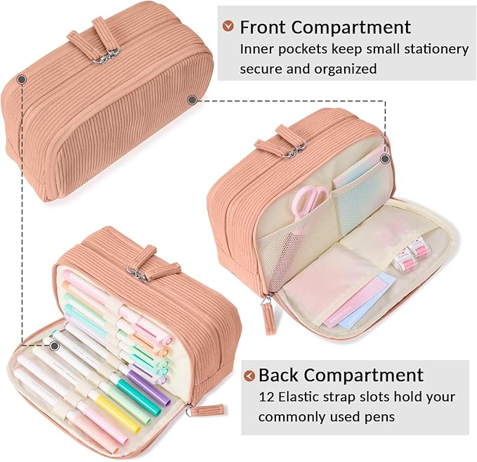 Sooez Big Capacity Pencil Case Pen Pouch, Soft Corduroy Pencil Bag with 3 Compartment, Multiple Pockets, Sturdy Zipper, Cute School Supplies Pen Bag Organizer For Teen Girls College-Orange