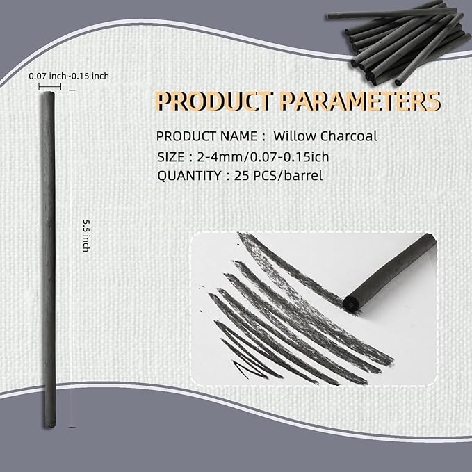 25 PCS Willow Charcoal Sticks, Ideal for Artists, Beginners, Students, Perfect for Sketching, Drawing, Shading, and Fine Art, 5.7 Inches Long, 2-4,4-5,5-7,7-9 (2-4)