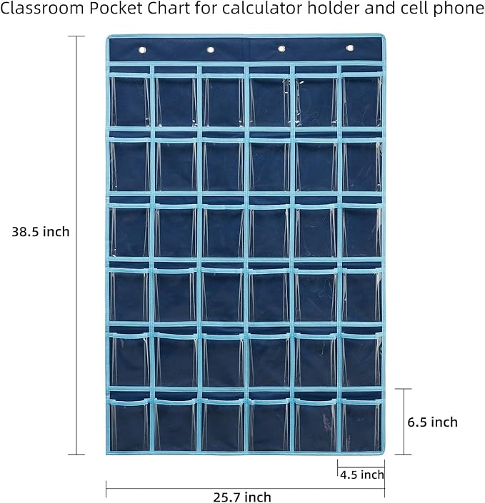 SAVERHO 36 Clear Pockets Classroom Pocket Chart for Cell Phone and Calculator Holder, Door Hanging Pocket Chart for Classroom Phone Holder with Number Sticker and Hooks (Blue)