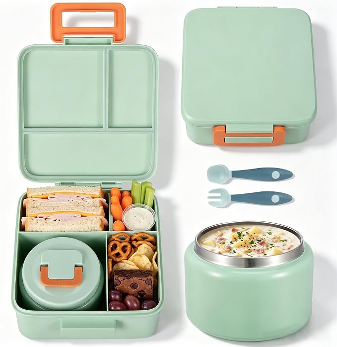 MAISON HUIS Bento Lunch Box with 8oz Soup Thermo, 5-Compartment Leak-Proof Container, Thermo Hot Food Jar and Insulated Lunch Bag, BPA Free,Travel, School (Light green)