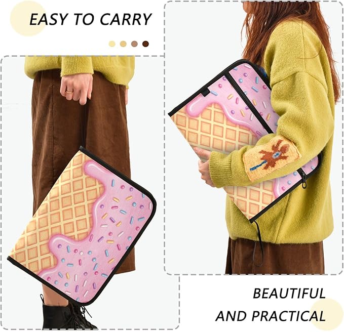 Ice Cream Pink 13 Pocket File Organizer Expanding File Folder with Front Pouch Portable Business File Storage Document Organizer Folder with Zipper