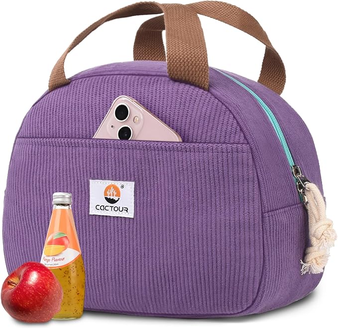 CaCTOUR Lunch Box Lunch Bag for Women Girls Teens, Cute Lunch Box Cooler Bag, Portable Small Insulated LunchBox Reusable Corduroy Lunch Tote for Work/Travel/Picnic/School (Purple)
