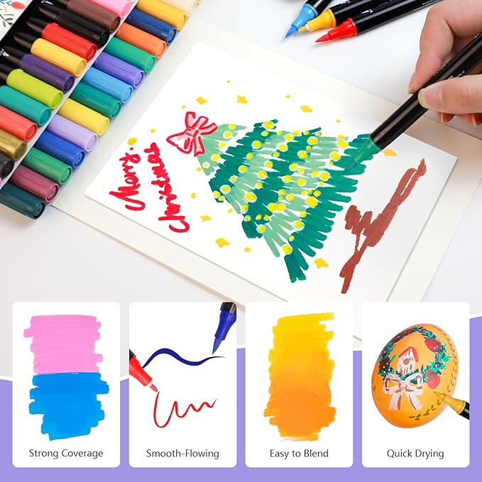 Artecho Acrylic Paint Markers 24 Colors, Acrylic Paint Pens with Brush Tip and Fine Tip for Stone, Rock Painting, Paper, Pumpkin, Wood, Egg, Canvas, Ceramic, Fabric, leather, Glass, DIY Crafts