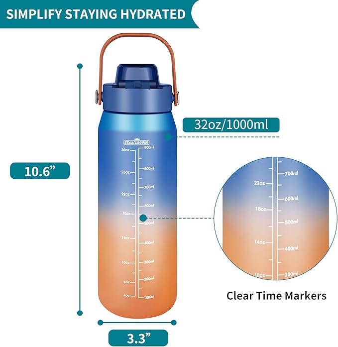 Gulex Motivational Water Bottle 32oz with Time Marker- Leakproof & BPA Free Sports Water Bottle with Straw & Carry Strap for Gym, Travel and Outdoor Sports (Blue/Orange Gradient)