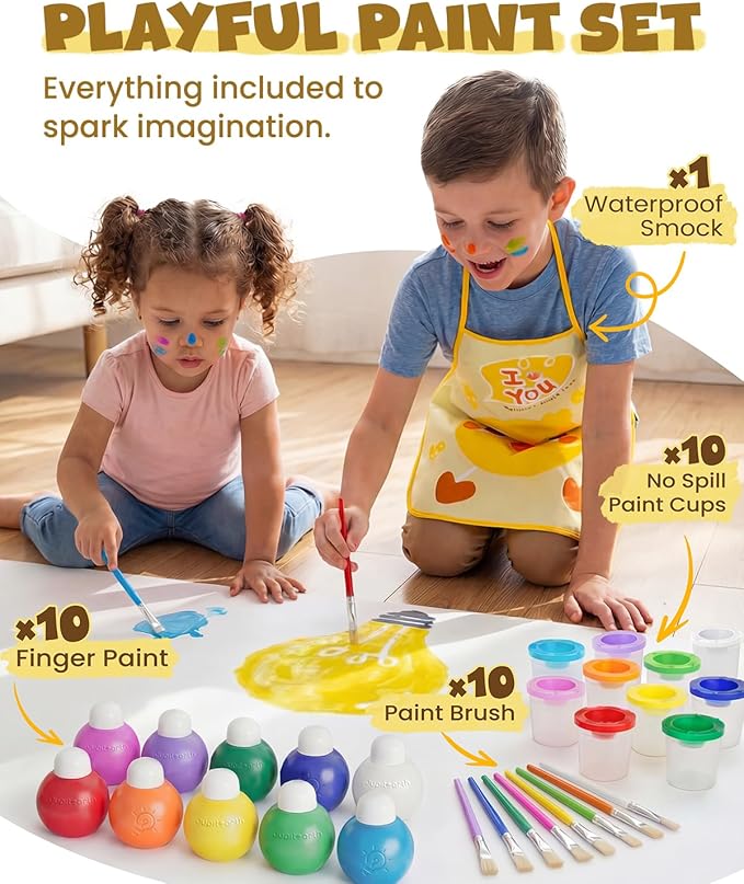 JUPITEARTH 10 Colors Washable Paint Set for Kids Ages 3-6, 4.06oz(120ml), Non-Toxic, Includes Brushes, Cups and Apron, Creative Gift for Toddlers and Preschoolers
