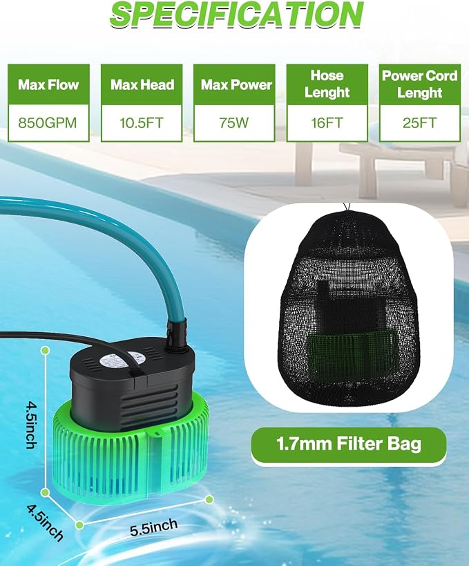 AgiiMan 850GPH Pool Cover Pump, Submersible Sump Pump above Ground | 16FT Drain Hose, 25FT Power Cord, 3 Adapters, Compact Design, Fast Water Removal for Pool Covers and Above Ground Pools
