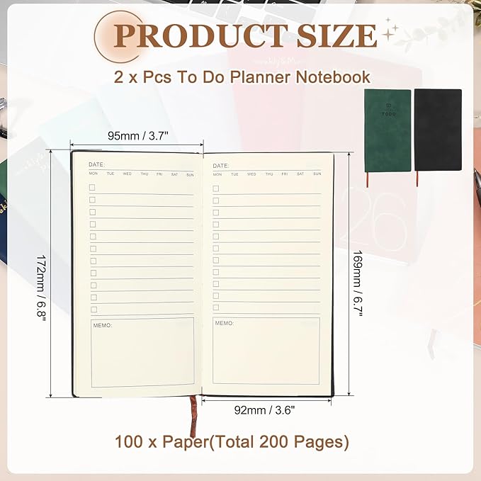 PATIKIL 2Pcs Planner Notebook, A6 100 Sheets Undated to Do List Daily Weekly Monthly Goals Tracker Pocket Notebook for Office Study Time Management Fitness Weeding, Black/Green