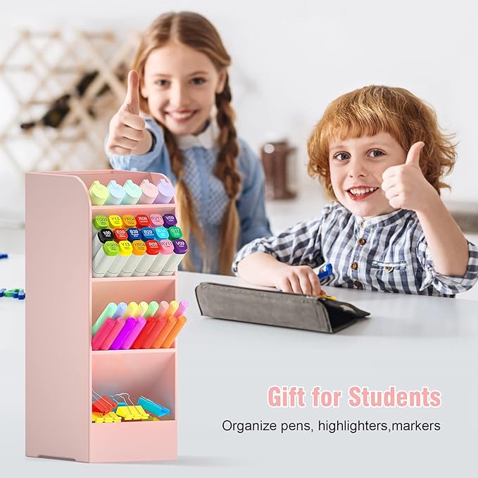 Asten Pen Holder, Pencil Holder for Desk, Pen Organizer for Office, School, Desktop, Large Capacity Pen Storage Organizer with 5 Compartment for Pens, Markers, Makeup Brush, Cosmetics (Pink, 1 Pack)