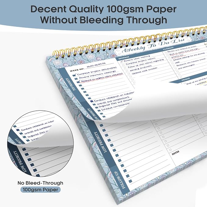 Weekly To Do List Notepad with 52 Undated Sheets（8.5"×11"）- Weekly Desk Planner for Women & Man, Work and Home - Misty Blue
