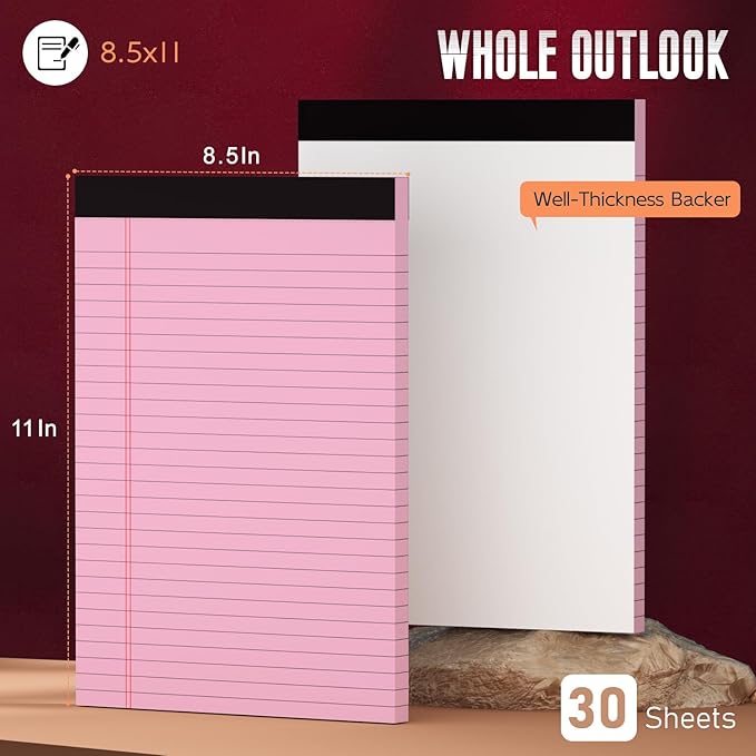 Pink Legal Pads 8.5 x 11 Wide Ruled Notepads, 3 Pack Note Pads 8.5 x 11 Lined Paper Pink Writing Pads 30 Sheets per Notepad Double-Side Printed Colored Legal Pads for Home, Office, School