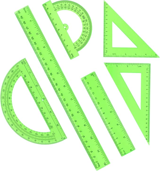 Plastic Clear Ruler Math Set, 6" | 12" Straight Ruler Protractor, 2 Protractors 180 Degree 2 Triangle Rulers 45 | 60 Degree 2 Straight Rulers Measuring Tool for School Office Home Supplie,Green