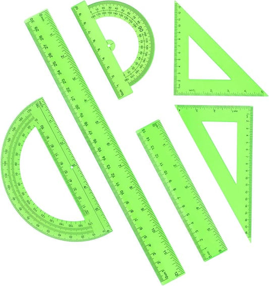 Plastic Clear Ruler Math Set, 6" | 12" Straight Ruler Protractor, 2 Protractors 180 Degree 2 Triangle Rulers 45 | 60 Degree 2 Straight Rulers Measuring Tool for School Office Home Supplie,Green