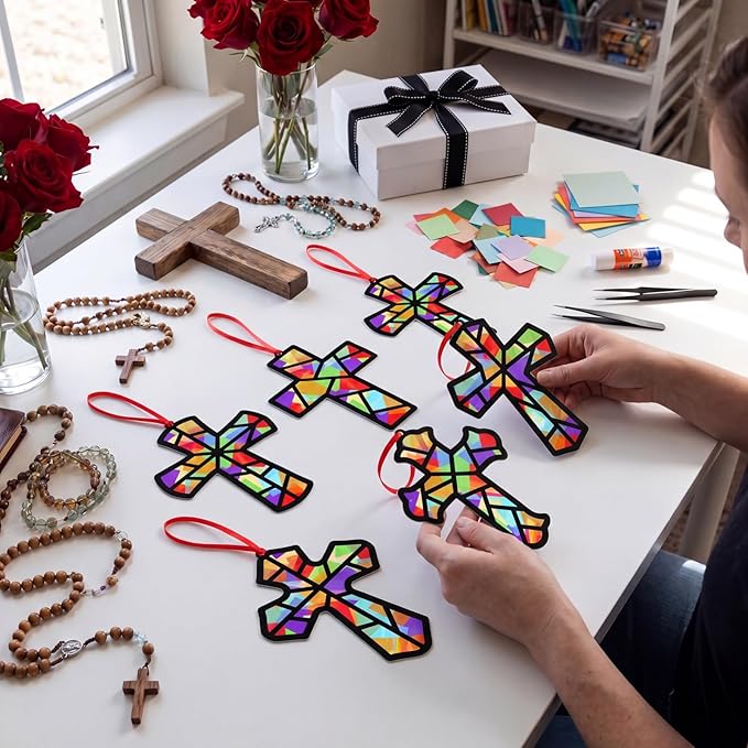 Renbuzhu 48PCS Sunday School VBS Crafts Bulk: Paper Cross Nativity Suncatchers, Jesus Religious Christian Activity DIY Kits Church Decorations, Window Stained Glass Effect Art Supplies