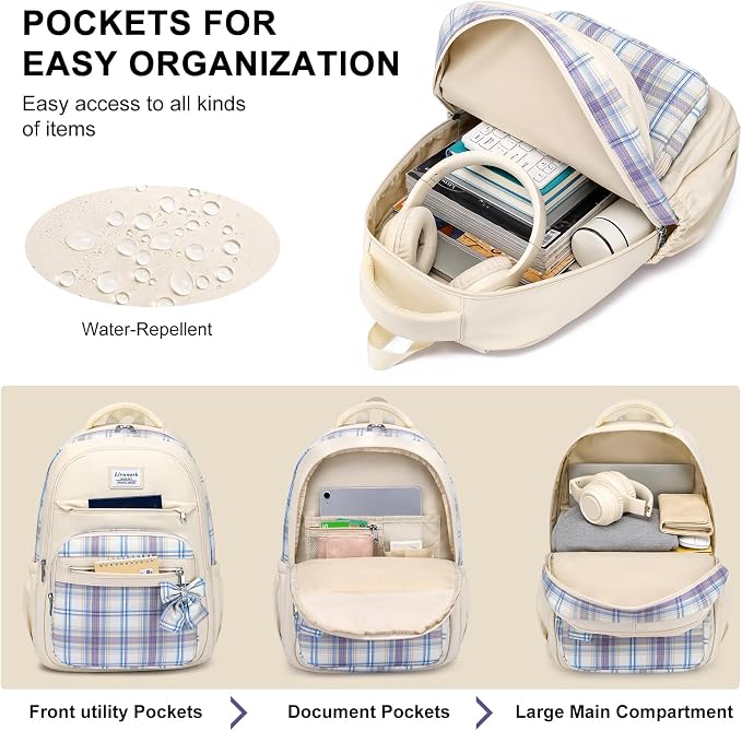 School Backpack for Teen Girls: Cute Bookbags Middle High School College Casual Back Pack 15.6 inch Laptop Backpacks Vintage Bags Women Travel Daypacks Mochilas Escolares 3Pcs Beige