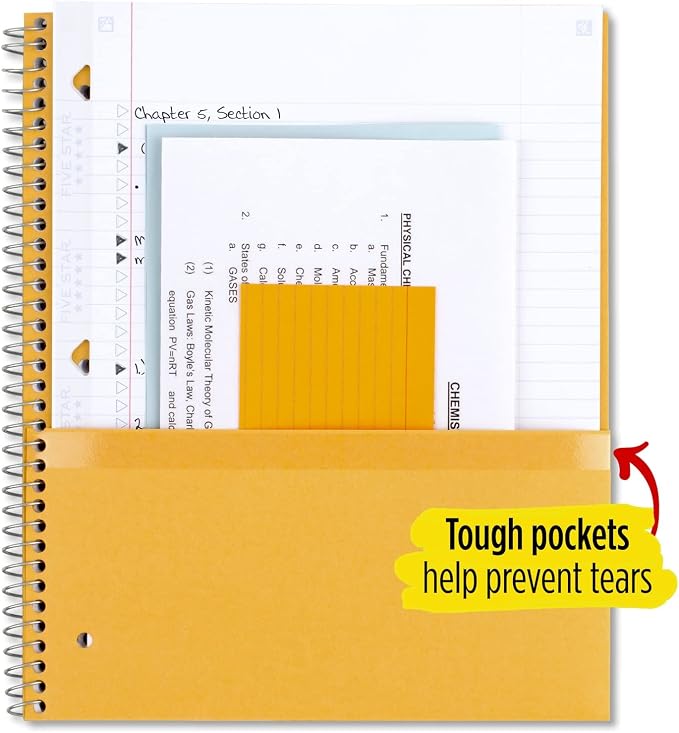Five Star Spiral Notebooks with Pockets + Study App, 3 Pack, 1-Subject, College Ruled Paper, 11” x 8-1/2", 100 Sheets, Forest Green, Amethyst Purple and Pacific Blue (38456)