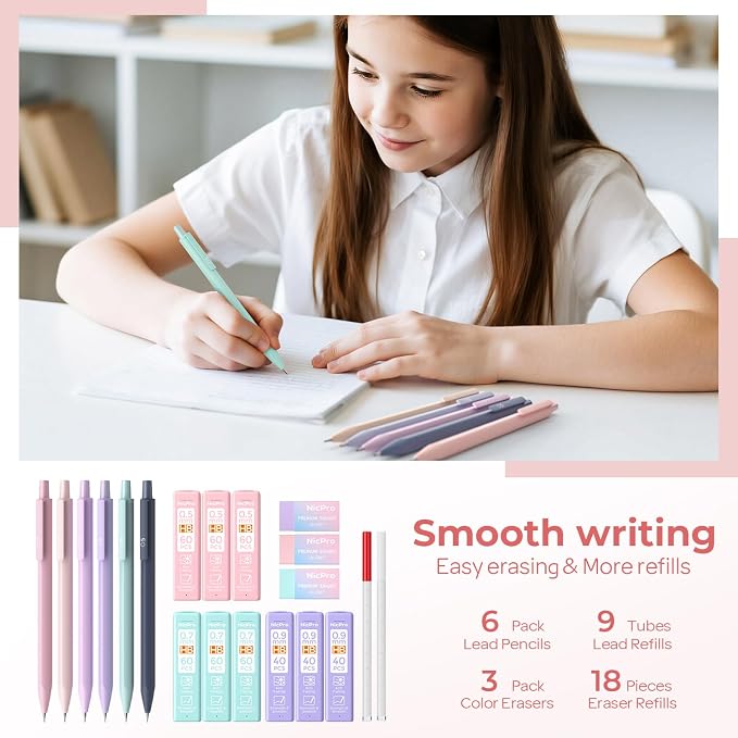 Nicpro 38PCS Aesthetic School Supplies, Pastel Mechanical Pencil Set | 0.5, 0.7, 0.9 & 2.0 mm Pencils with 564PCS Lead Refills, Cute Mechanical Pencils, for Girls Student Stationary - Pink Case
