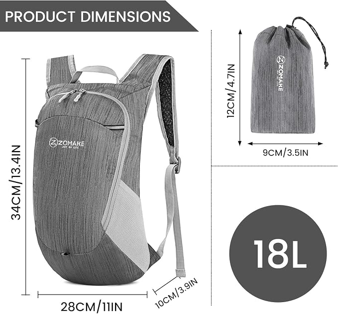 ZOMAKE Lightweight Packable Backpack, 18L Small Foldable Daypack for Hiking | Water Resistant Collapsible Backpacks for Women Men, Everyday Carry, Multi Compartment Storage, Adjustable Strap(Medium Grey)