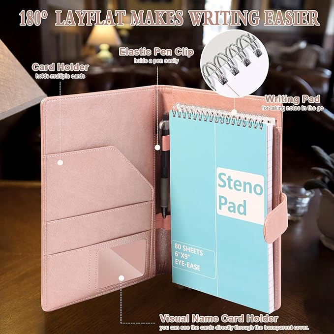 Steno Pad Holder PU Leather Cover 6x9 Steno Pad Cover Business Padfolio Organizer Compatible With 6x9 Steno Notebook Portfolio Pocket Organizer With Pen Loop for Business Office(Rose Gold)