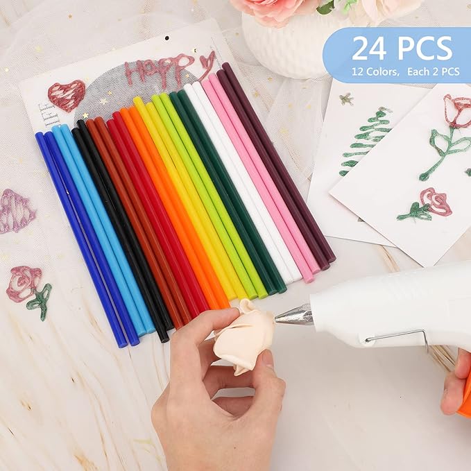 24PCS Mini Size 0.27" Dia x 8" Long Color(12 * 2) Hot Melt Glue Sticks, All Temperature Adhesive EVA Glue Sticks for Craft, DIY, Repairing, Sealing, Stamp, Art, Decoration