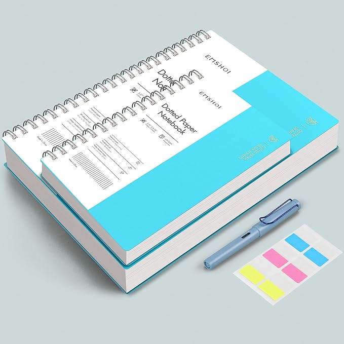 EMSHOI Dotted Journal Spiral Notebook, 300 Pages, A4 Large 8.27"x11.2", 100 GSM Thick Paper, Flexible Plastic Cover, 5mm Dot Grid Notebook for Journaling, Planning, Drawing, Writing, Blue