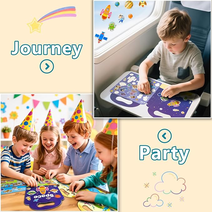 Reusable Sticker Books for Toddlers 1-3, Puffy Stickers Book for Kids Ages 2-4, Toddler Travel Essential Activities Toys for Boy Girl Birthday Christmas - Vehicle, Space and Dinosaur (3 Set)