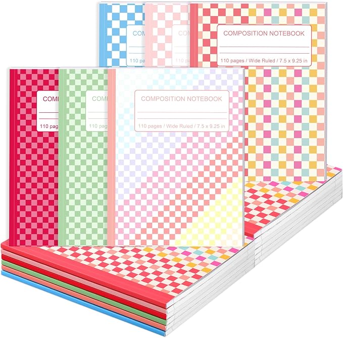 Fullhawl 6 Pcs Composition Notebook Wide Ruled Cute Preppy Colorful Checkered Aesthetic Notebook for Back to School 110 Page 9-3/4 x 7-1/2" Journal Gift for First Day of School, Student, Teacher Check