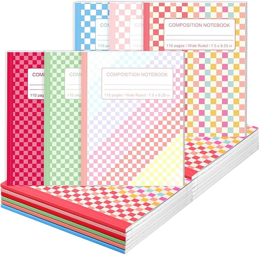 Fullhawl 6 Pcs Composition Notebook Wide Ruled Cute Preppy Colorful Checkered Aesthetic Notebook for Back to School 110 Page 9-3/4 x 7-1/2" Journal Gift for First Day of School, Student, Teacher Check