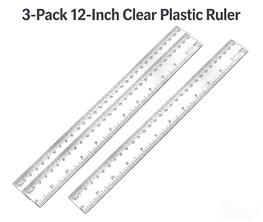 3-Pack 12-Inch (30cm) Plastic Rulers - Clear Dual-Sided Ruler with Centimeters and Inches, 3-Piece Set