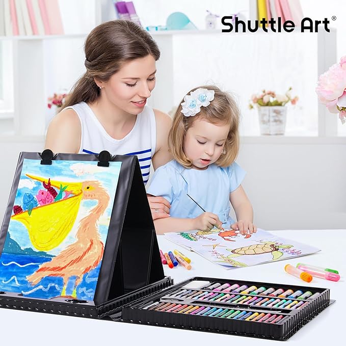 Shuttle Art 335 Piece Kids Art Set, Multi-Media Art Supplies, Gift Art Kit with Trifold Easel, 2 Drawing Pads, 2 Coloring Books, Oil Pastels, Crayons, Watercolors, Markers, Colored Pencils (Black)