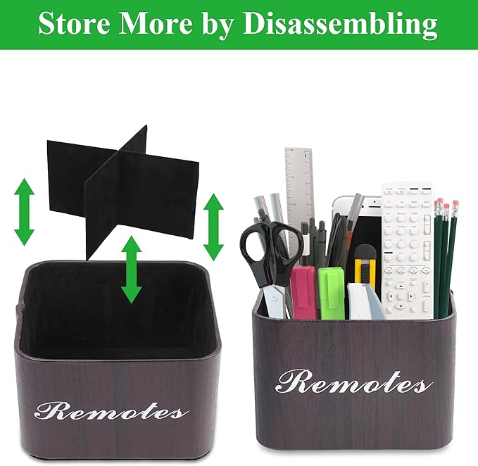 Square Leather Art Supply Organizer,Remote Control Holder with Removable Dividers,360°Rotatable Pencil Holders,4 Compartments Organizer for Office Supplies Storage Box(1-Dark Brown)