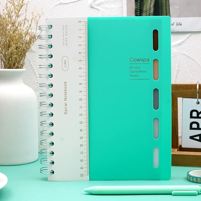 Yoment 5 Subject Spiral Notebook Spiral Bound Journal Wide Ruled 7"x 8.5" Hardcover Spiral Notebook with Dividers A5 Lined Notebook for College Students Writing Journal School Office Supplies,Teal