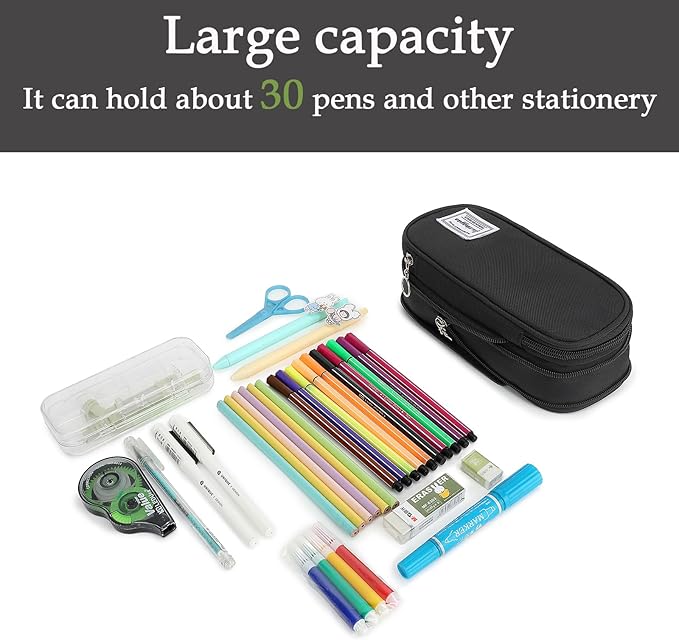 FUXINGYAO Pencil Case, Multi-compartment Pencil Pouch, Portable Pencil Bag (2101-big-BK)