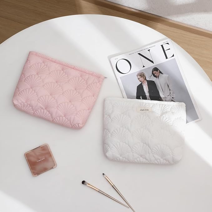 uekeboag Shells Quilted Cotton Makeup Bag,Travel Pouch(Pink) | Cotton Aesthetic Cosmetic Bag for Women,Shell Embroidery,Wedding Gifts, Bridal Gifts
