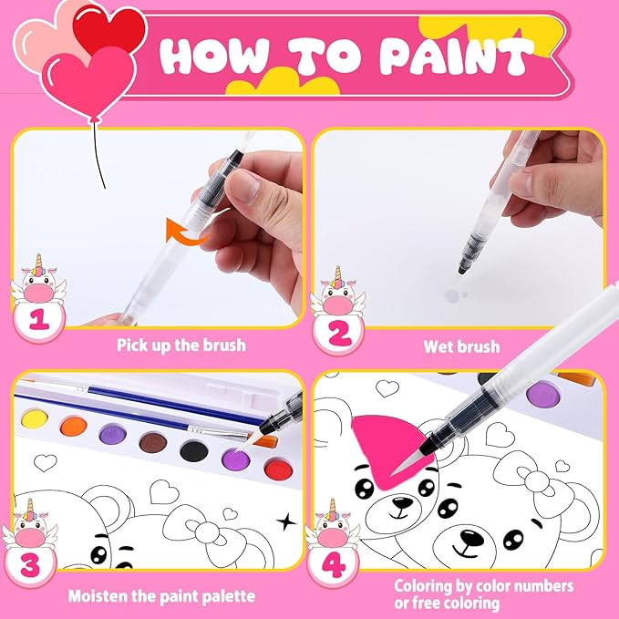 AGGKKY Valentines Paint with Water Coloring Books for Kids Toddlers Mess Free Watercolor Painting Sets Valentines Arts and Crafts for Kids 3+ Travel Activities Birthday Stocking Stuffers Toy Gift
