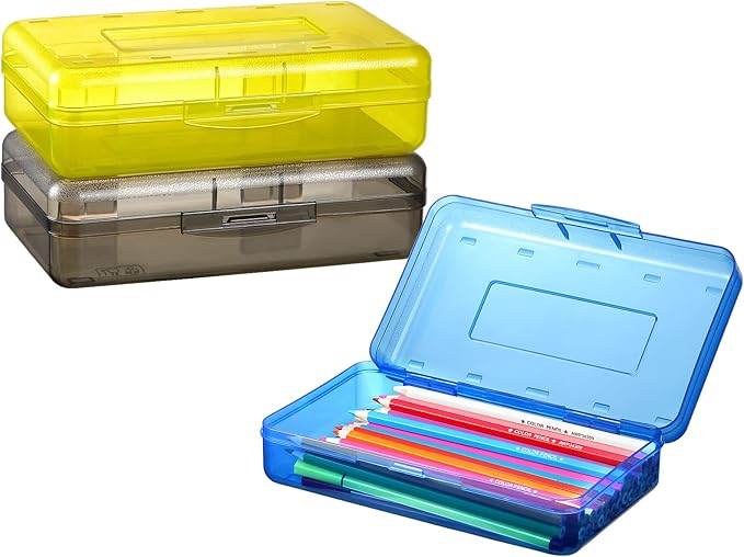 Sooez 3 Pack Pencil Case, Large Hard Pencil Box Bulk, Clear Crayon Box Marker Pen Organizer, Plastic Storage Container with Snap Lid, Stackable Art Craft Organizer Back to School Supplies