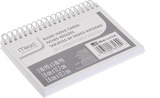 Mead Index Cards, 3" x 5", Ruled Front, Blank Back, 50 Cards, White (63130)