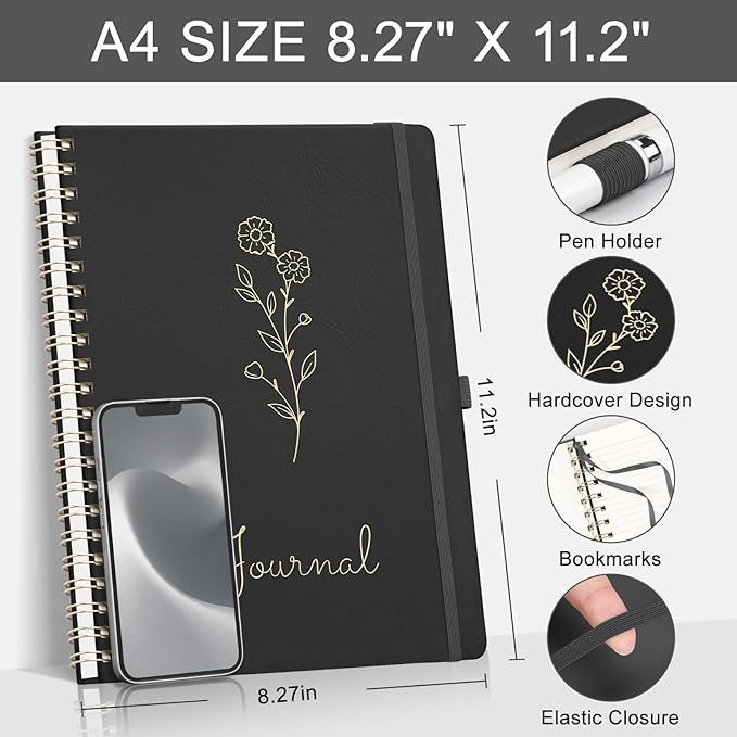 EMSHOI A4 College Ruled Spiral Notebook, Large 8.27"x11.2", 110 Numbered Pages, 100GSM Ink-Proof Faux Leather Hardcover Lay-Flat Lined Journal for Work Office School Writing, Black