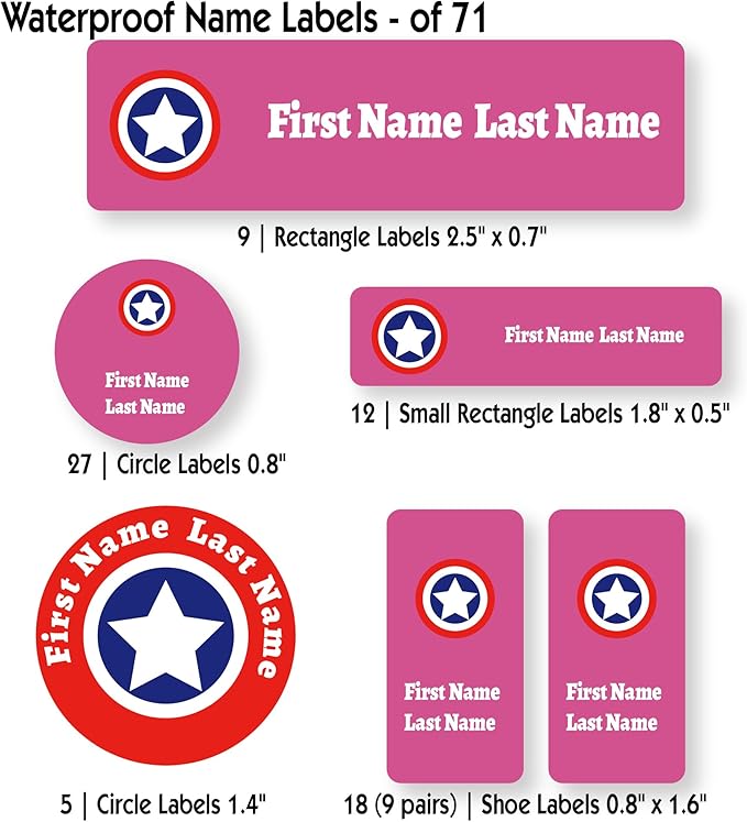 Personalized Kids Name Labels – Waterproof Custom Stickers for Daycare & School, Dishwasher & Laundry Safe (Captain - Pink)