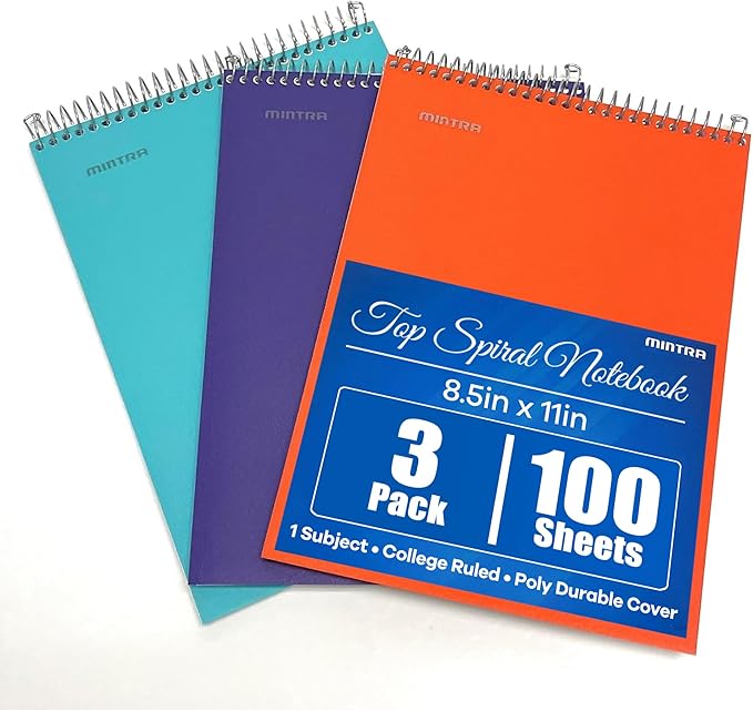 Mintra Office TOP BOUND Durable Spiral Notebooks (Teal, Purple, Orange, College Ruled 3pk)