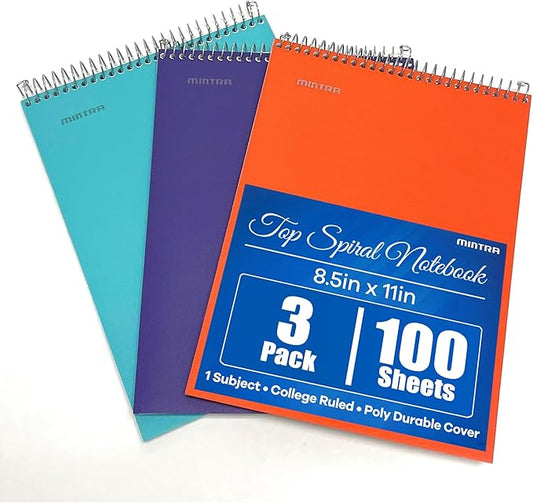 Mintra Office TOP BOUND Durable Spiral Notebooks (Teal, Purple, Orange, College Ruled 3pk)