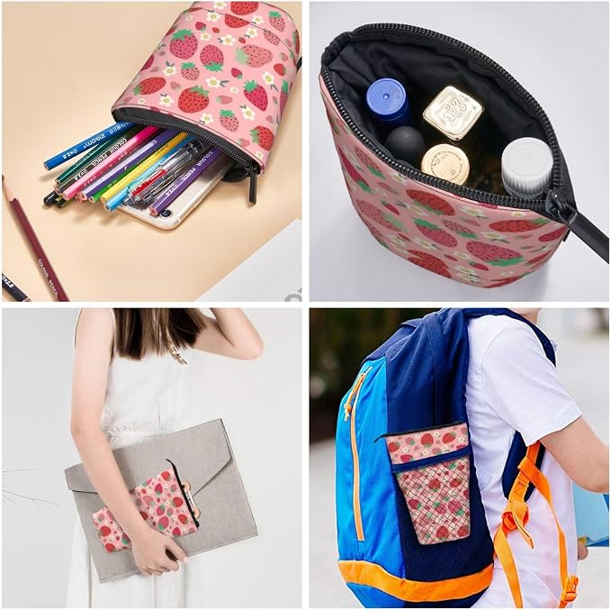 Strawberry Kids Standing Pencil Case Girls Boys Telescopic Stationary Pouch with Zipper Large Capacity Stand up Pen Bag Portable Makeup Holder for Children School Students Office Supplies